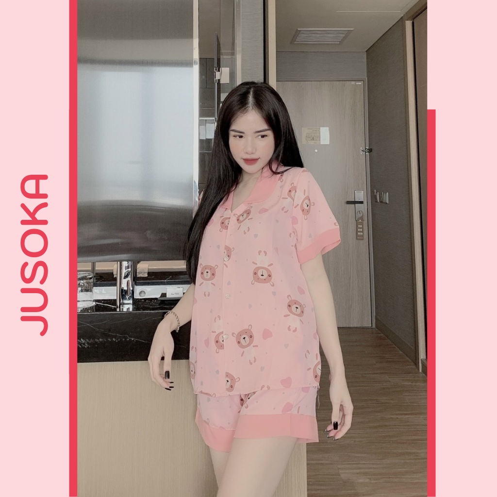 Đồ bộ pijama lụa ngủ mặc nhà quần đùi bigsize họa tiết cổ sen cute dễ thương chất liệu mango cao cấp JUSOKA