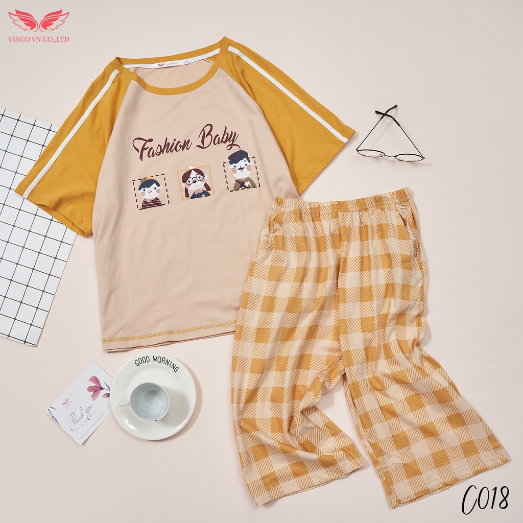 VINGO Bộ Ngủ Mặc Nhà Nữ Cotton Siêu Êm Thoáng Khí Kiểu Tay Cộc Quần Lửng Fashion Baby Vàng Phối Be C018 VNGO - TCQL