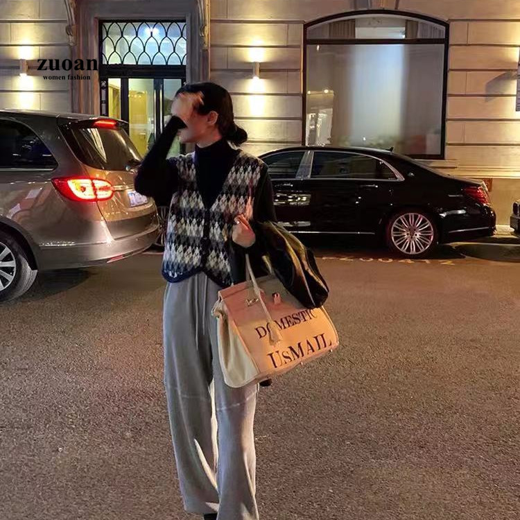 Áo sweater SUXI sát nách cổ chữ V dáng rộng phong cách retro Hàn Quốc cho nữ