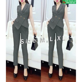 Bộ áo kiểu cổ vest vạt xéo và quần tây dài sang trọng