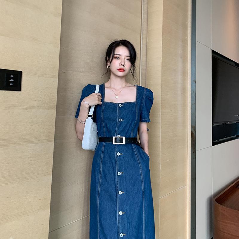 Đầm Denim Dài Dáng Chữ a Cổ Vuông Tay Phồng Phong Cách Pháp Thời Trang Mùa Hè Hàng Mới 2021 Dành Cho Bạn Nữ