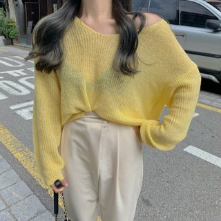 Áo len dệt kim chữ V Áo len dệt kim dài tay màu kẹo Mohair Áo len cổ chữ V gợi cảm dài tay
