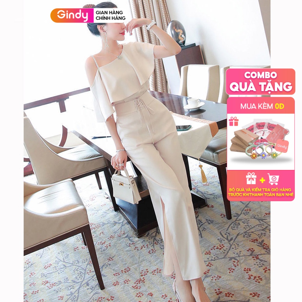 Set đồ bộ GINDY áo lụa hở vai nhún bèo mix quần lụa dài xẻ tà ống rộng chất lụa vĩ cầm cao cấp S10060