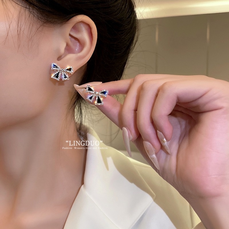 Bông Tai Mạ Bạc 925 Hình Nơ Đen Thời Trang Hàn Quốc