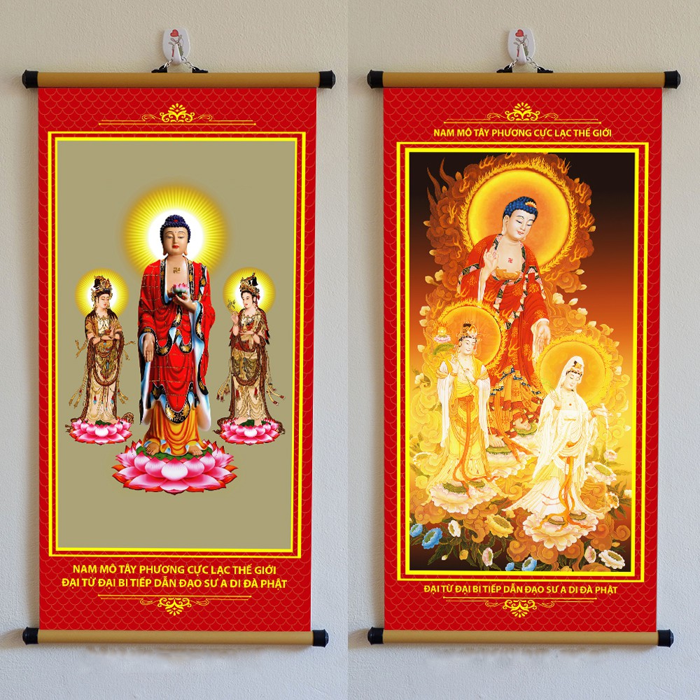 Tranh Tây Phương Tam Thánh treo tường bằng vải cao cấp dày dặn bền đẹp 30x60cm
