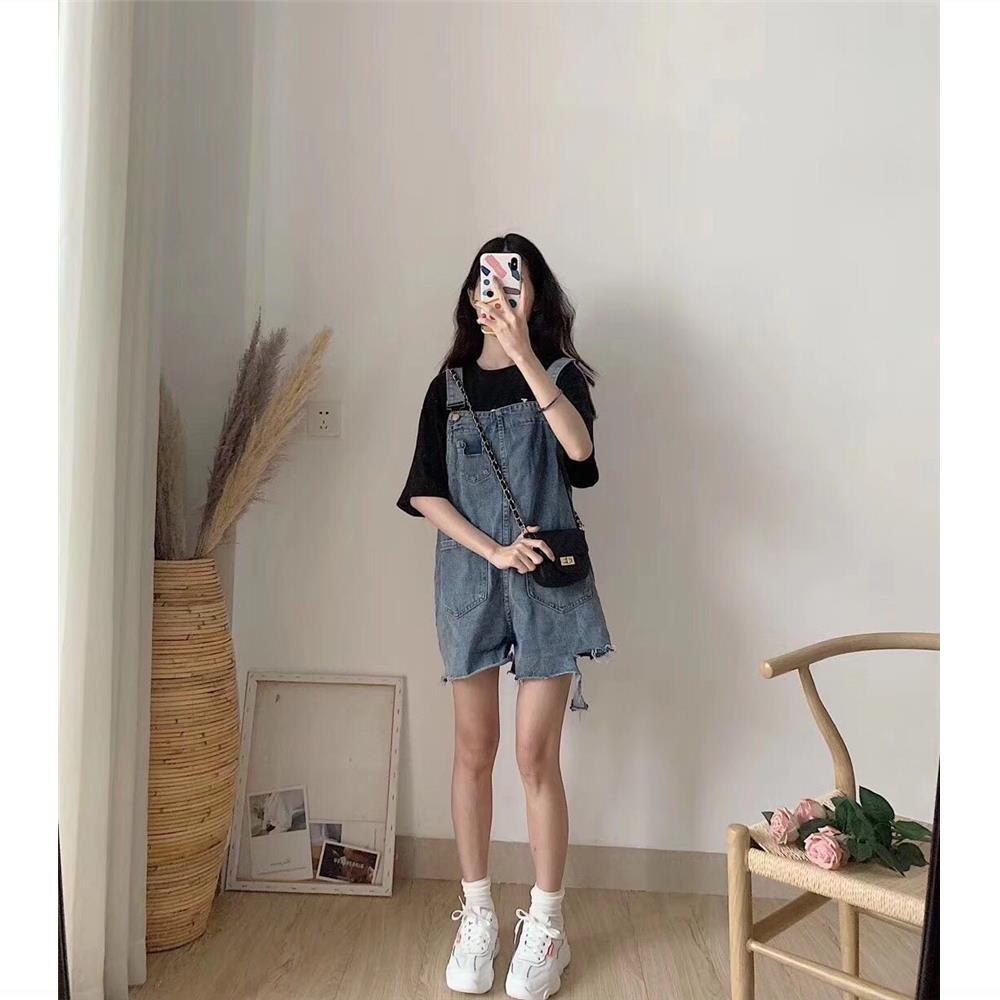 [LININ] Quần Yếm Jean Ngắn Ống Rộng Rách Lỗ Phong Cách Retro Hàn Quốc Bán Chạy