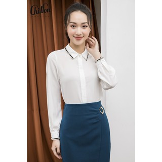Chiffon_Áo sơ mi cổ đức phối dây ren