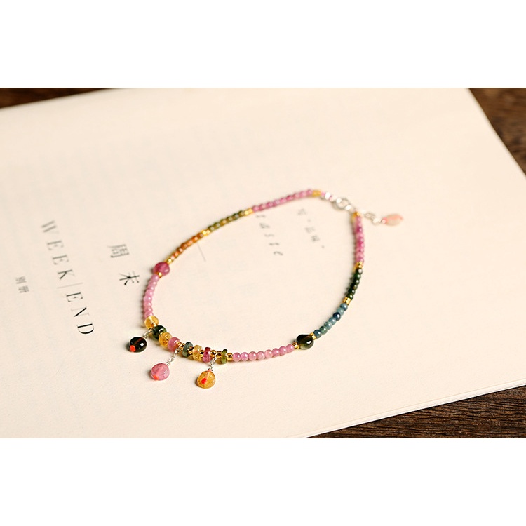 [Hàng Mới Về] Lắc Chân Bạc S925 Đính Hạt Tourmaline Tự Nhiên Thời Trang Xuân Hè Cho Nữ