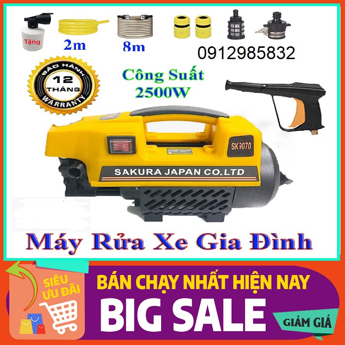 Máy Rửa Xe SAKURA  2500W Áp Lực Cao -MẠNH MẼ- BỀ BỈ-Động Cơ Từ Lõi Đồng 100% Bảo Hành 6 Tháng