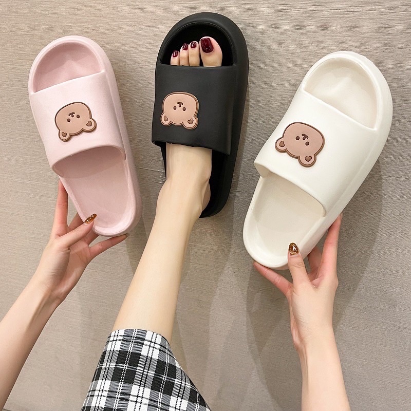 Dép nữ dép bánh mỳ quai ngang hình gấu 3 màu đen trắng hồng Trơn