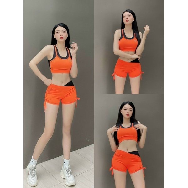 Đồ tập gym nữ bộ tập gym yoga erobic nữ áo bra quần sooc rút dây cạp chéo phối màu