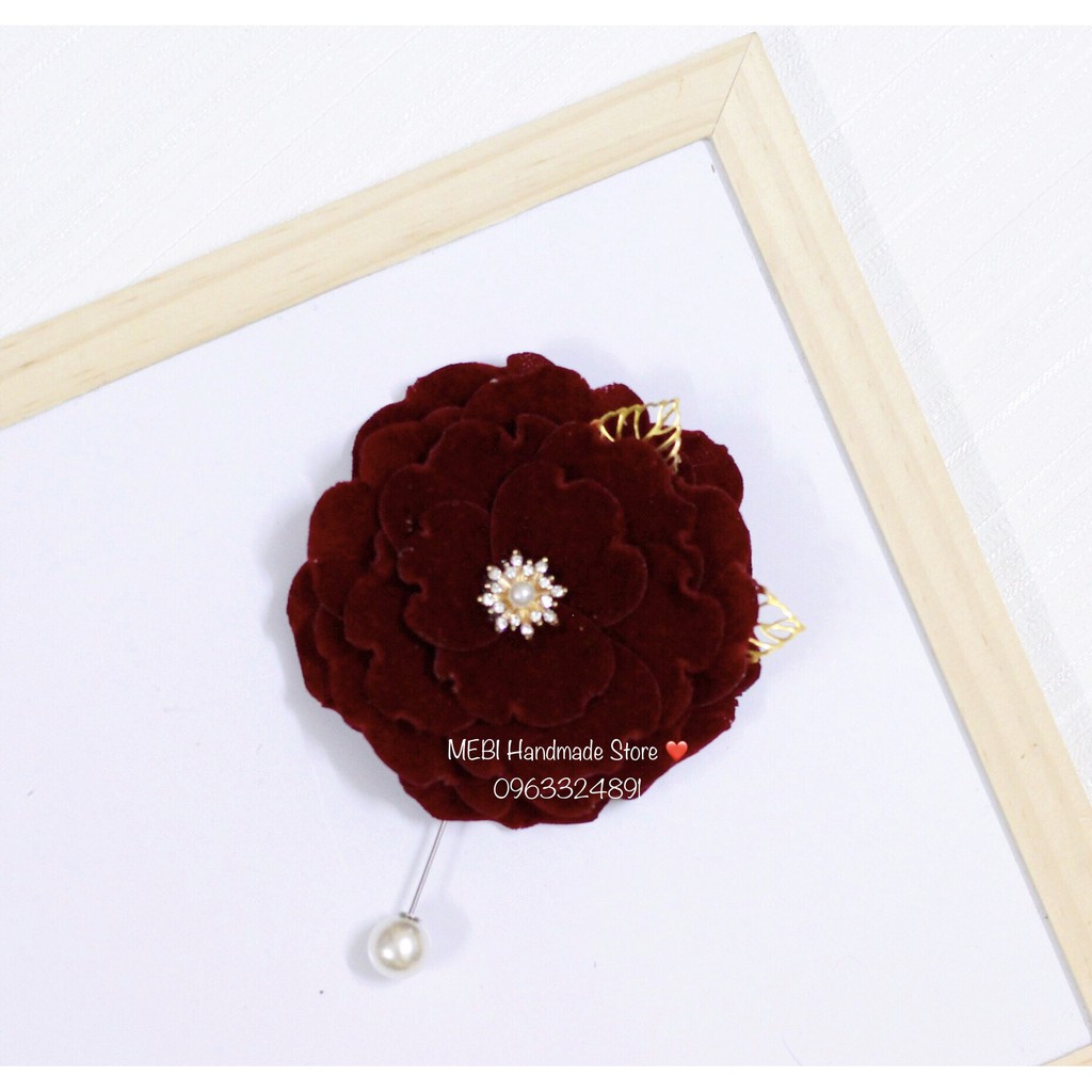 (Ảnh thật 100%) Hoa cài áo hoa hồng nhung màu đỏ đô sang chảnh NOBOX
