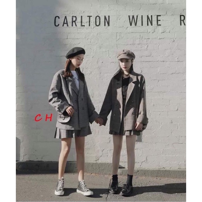 Sét vest váy xếp ly kẻ có ảnh thật sp🎁Áo khoác kẻ có cúc mix chân váy kẻ 2 lớp🍄bên trong có quần, chân váy có khoá hông | BigBuy360 - bigbuy360.vn