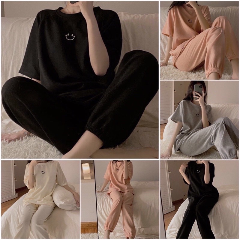 Set Quần Dài Áo Cộc Thêu Hình Mặt Cười Nữ Freesize -Bộ đồ culottes Bo Ống Kèm Áo Thun Form Rộng Tay Lỡ Hình ICon Ulzzang