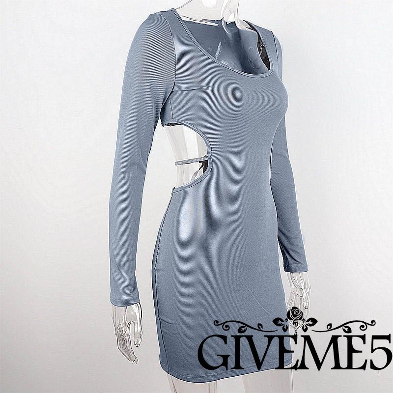 GIVEME-Women Short Bodycon Dress Solid Color Back Hollow-Out Long Sleeve Low-Cut Spring Wrapped Hip Dress