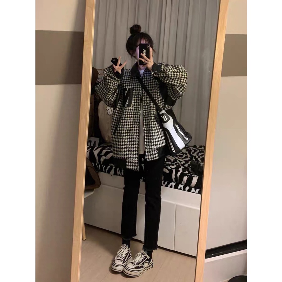 Áo khoác dạ tweed bomber 3D chữ N kẻ caro from rộng dài tay cổ bẻ phối da Ulzzang Unisex nam n | BigBuy360 - bigbuy360.vn