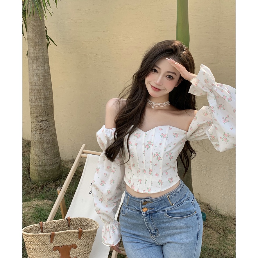Áo croptop tay dài kiểu cúp ngực trễ vai phong cách Hàn Quốc cổ vuông tay phồng ôm body Dk10T305