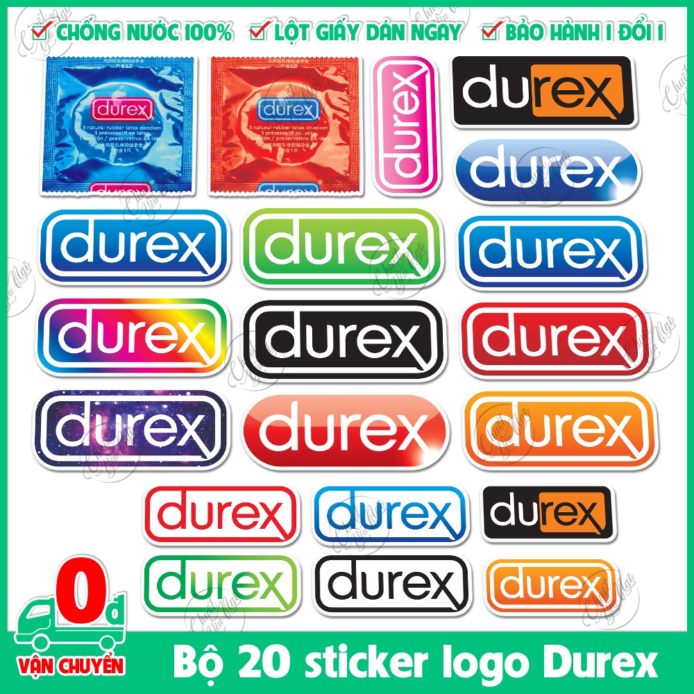 Combo 20 sticker hình dán decal logo DUREX chất liệu chống nước trang trí xe, điện thoại, laptop,...