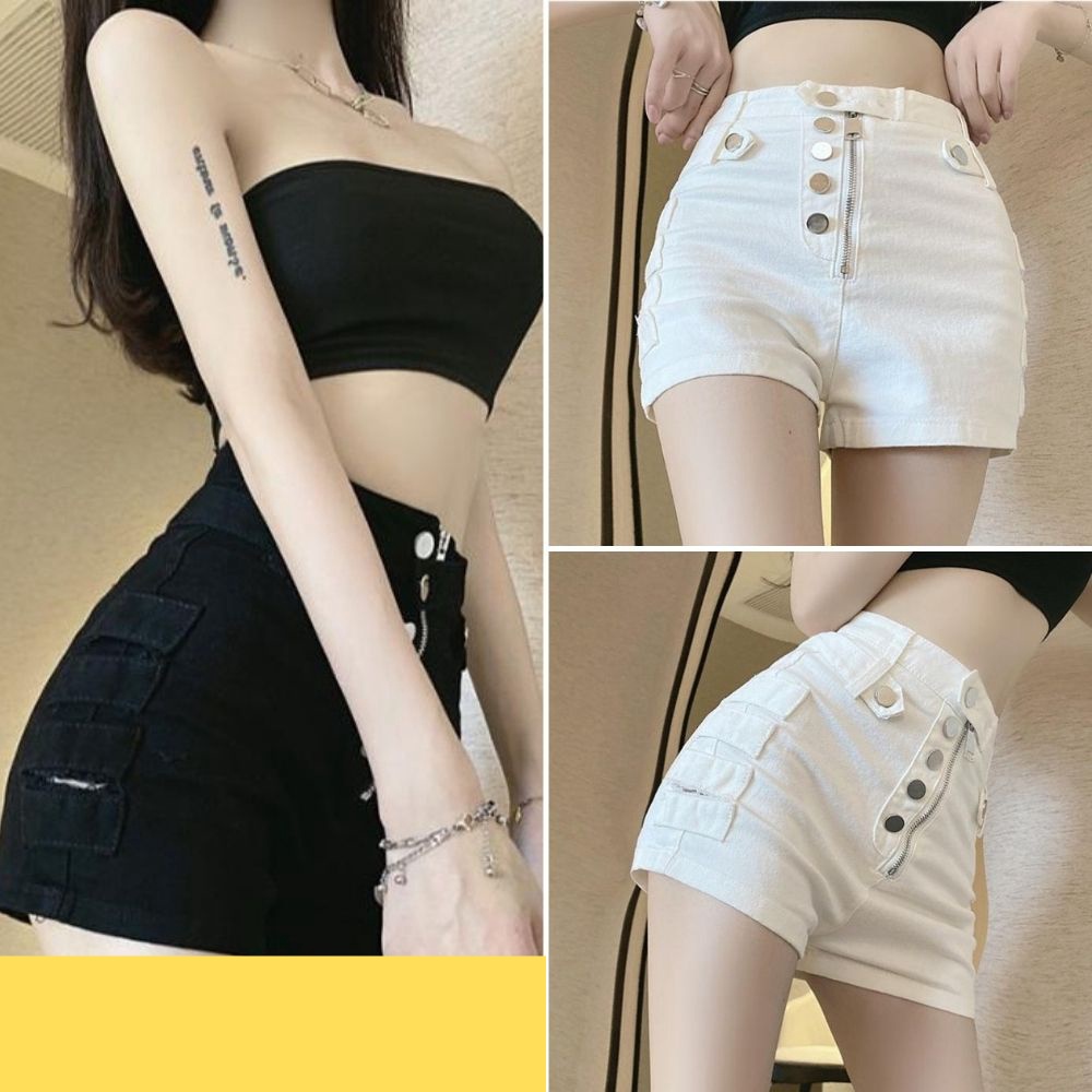 Quần đùi nữ, quần đùi nữ kaki co dãn phối khóa màu đen trắng size S M L SKUQ-11B kenshop198
