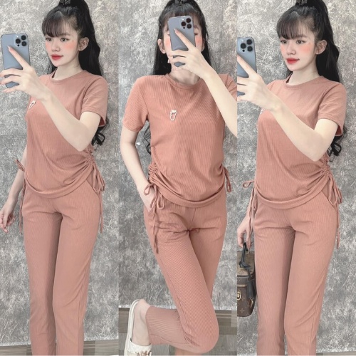 Đồ bộ nữ, set đồ bộ quần legging đai cao có túi và áo ôm ngắn tay rút dây vải thun cotton gân, đồ mặc ở nhà
