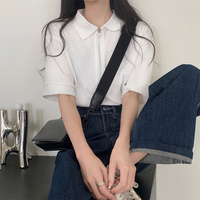 Áo Thun polo Màu Đen Tay Ngắn Có Khóa Kéo Thời Trang Cho Nữ