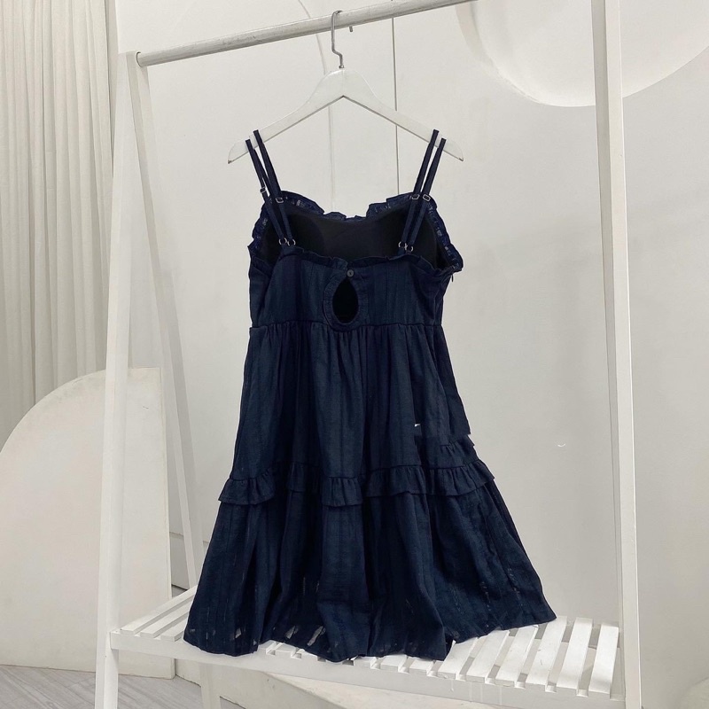 CINY DRESS - ĐẦM 2 DÂY XANH NAVY PHỐI BÈO
