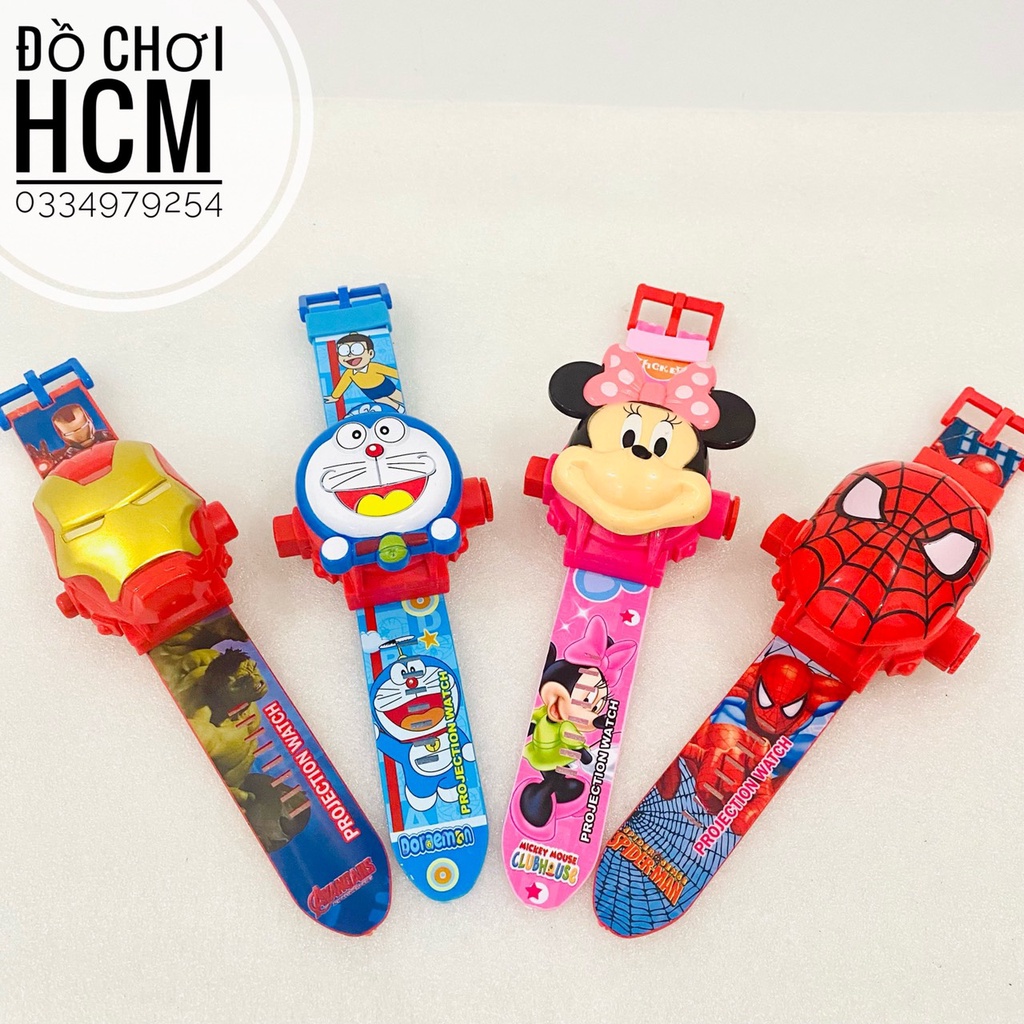 [NHIỀU MẪU] Đồ chơi trẻ em đồng hồ đeo tay chiếu hình ảnh lên tường 3D Spider man, Hello Kitty, Doremon, Iron man BH289