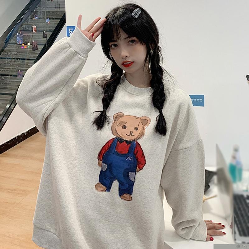 Áo nỉ nữ dài tay cổ tròn in hình hoạt hình dễ thương