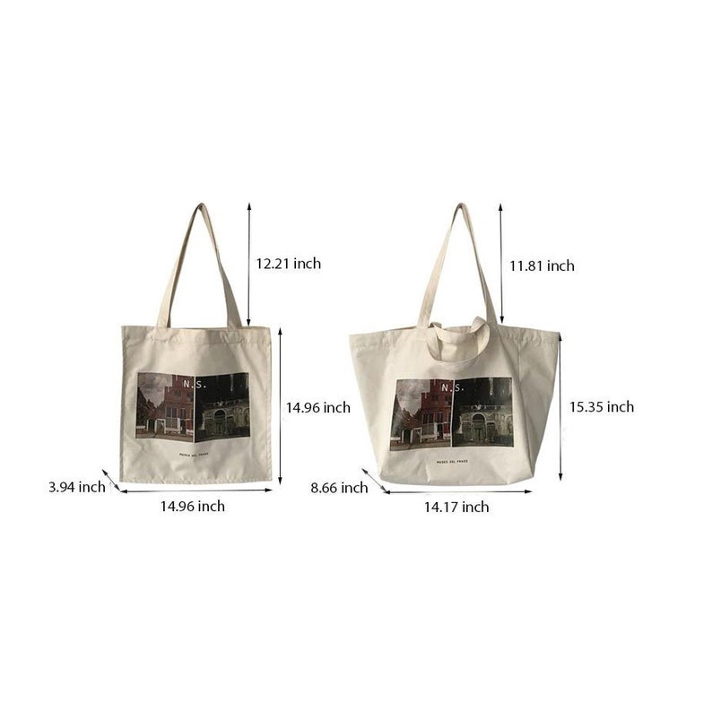 Túi tote vải Canvas bảo tàng Prado, túi trong có khóa kéo, phong cách thời trang Hàn Quốc