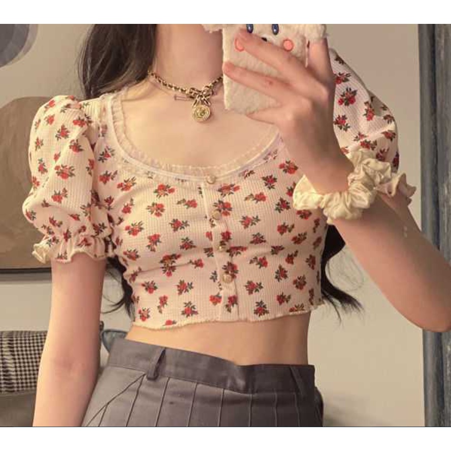 Áo kiểu nữ in hoa cổ điển tay ngắn phồng cổ chữ U viền ren thời trang mùa hè