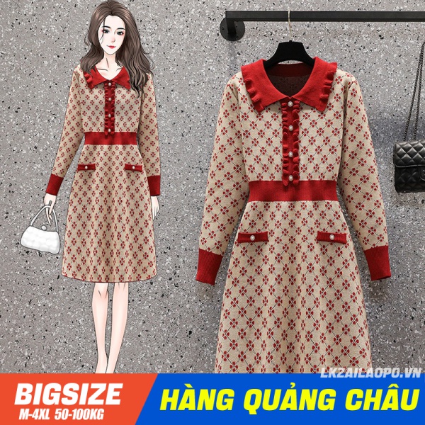 BIGSIZE nữ 45-100kg Đầm len dệt kim dáng xoè Che Bụng Mỡ Ôm Eo kẻ sọc caro đỏ Cổ bẻ tay dài mùa thu - Váy sang chảnh cá tính xinh đẹp - quảng châu cao cấp