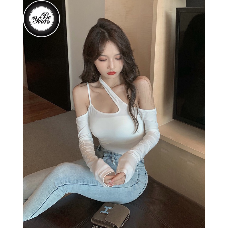 Áo Croptop 2 Dây Hở Vai 1 Bên Bigsize Dài Tay May Hai Lớp Chất Borib 2 Chiều Co Dãn "QUÂY XÉO TD"