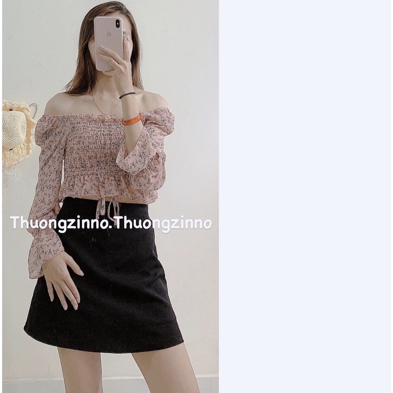 [Ảnh thật/Video]Áo croptop hoa nhí vintage thiết kế chun bồng tay dài Áo Croptop Trễ Vai Thời Trang