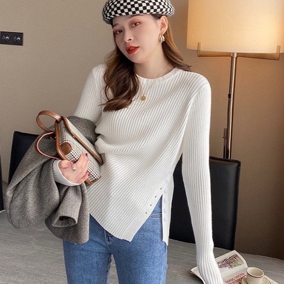【ZHELIHANGFEI】Áo Sweater Dệt Kim Thiết Kế Xẻ Tà Phong Cách Phương Tây