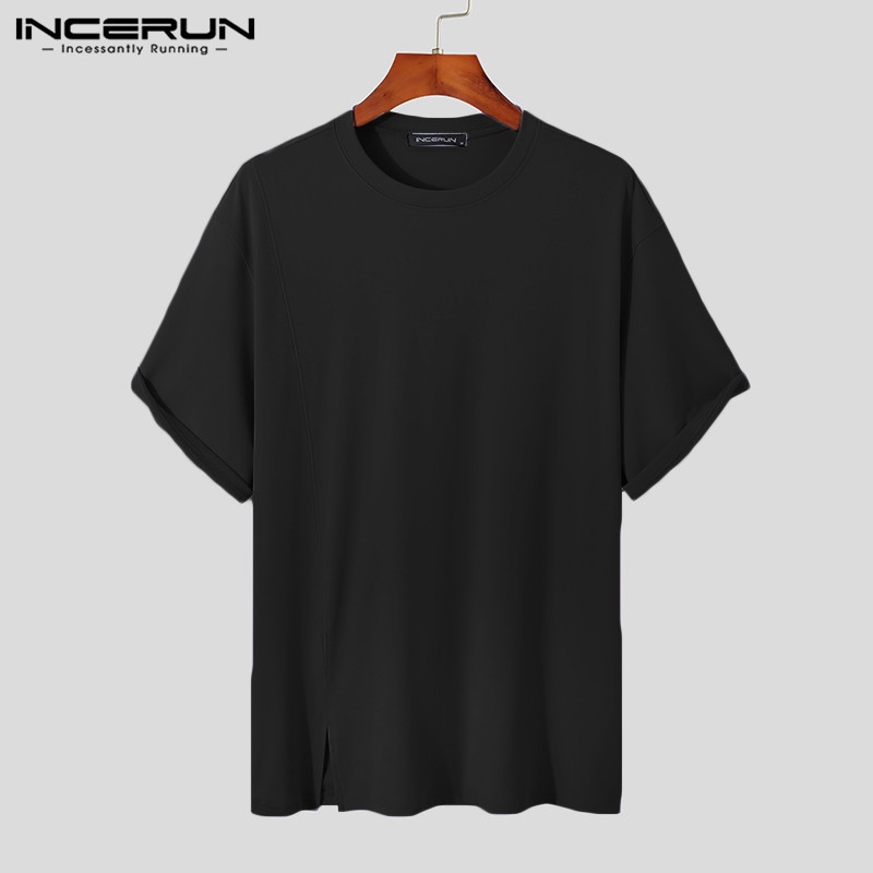 Áo thun INCERUN tay ngắn cổ tròn màu trơn thời trang mùa hè dành cho nam