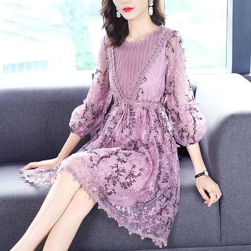 Đầm Nữ Màu Tím Phối Ren Hoa Thời Trang Mùa Thu 2020