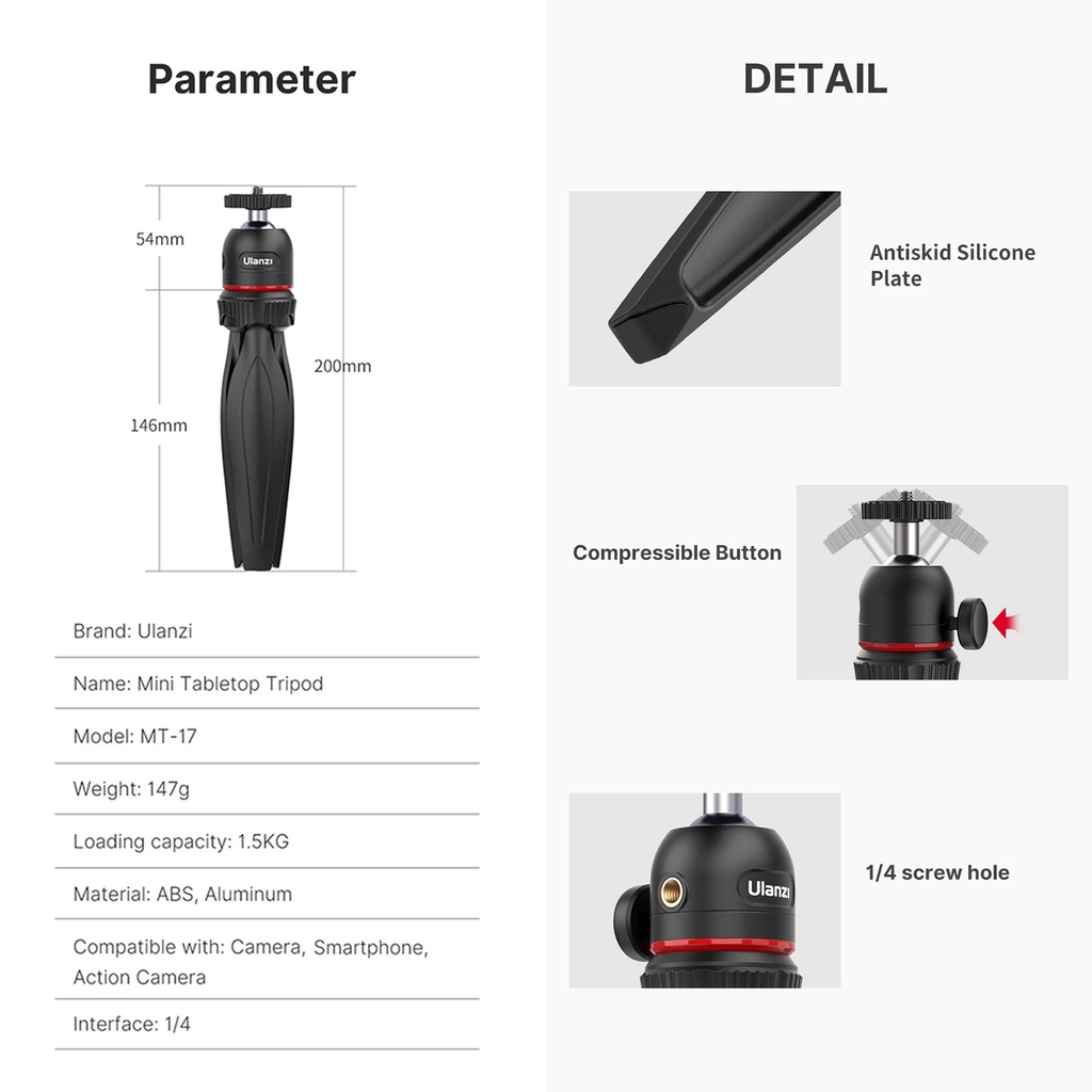 Ulanzi Giá Đỡ Ba Chân Mini MT-17 Đầu Bi 1 / 4 '' Thông Dụng Cho Máy Ảnh DSLR / Điện Thoại Thông Minh | BigBuy360 - bigbuy360.vn