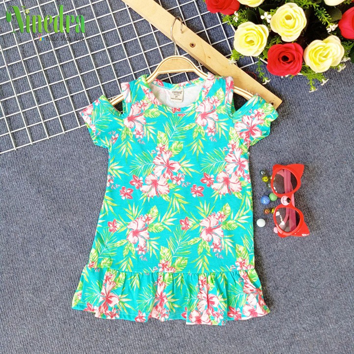 Đầm rớt vai đuôi cá chất cotton giấy cho bé gái 10-12kg - Ninedra