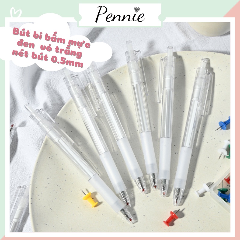 Bút bi bấm mực đen kiểu dáng xinh xắn vỏ trắng Pennie nét bút 0.5mm