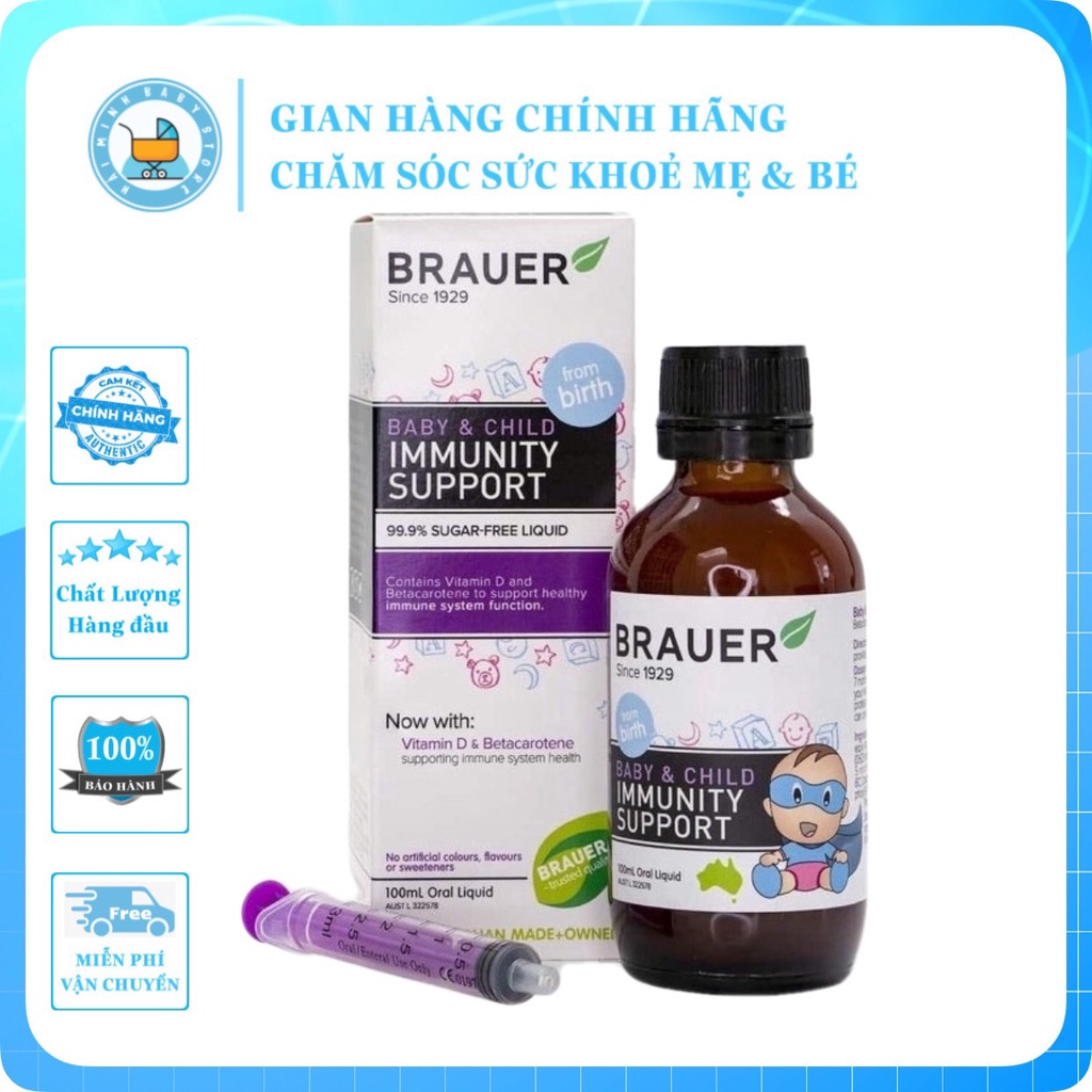 Tăng sức đề kháng cho bé Brauer Immunity Support hỗ trợ Tăng cường Hệ miễn dịch dạng siro 100ML