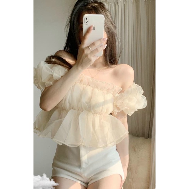 Áo peplum trễ vai tay ngắn vải voan xốp xếp ly nhún bồng bềnh TU cực dịu dàng nữ tính