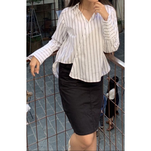 Set sơ mi Freesize + baggy jeans rách gối
