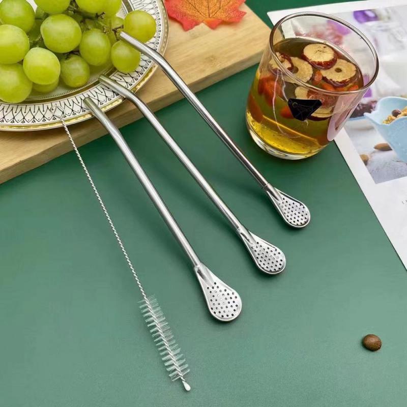 Ống Hút Kiêm Muỗng Lọc Trà Bằng Thép Không Gỉ Tái Sử Dụng Tiện Lợi