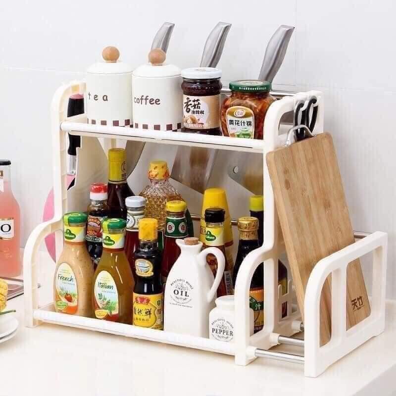 Kệ Đựng Gia Vị Nhà Bếp Kèm Khay Đựng Thớt và Móc Treo