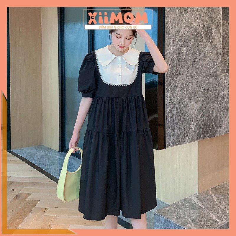 Váy bầu công sở - đầm bầu thiết kế dáng babydoll phối cổ sen trắng hàng cao cấp HD30 - Xiimom