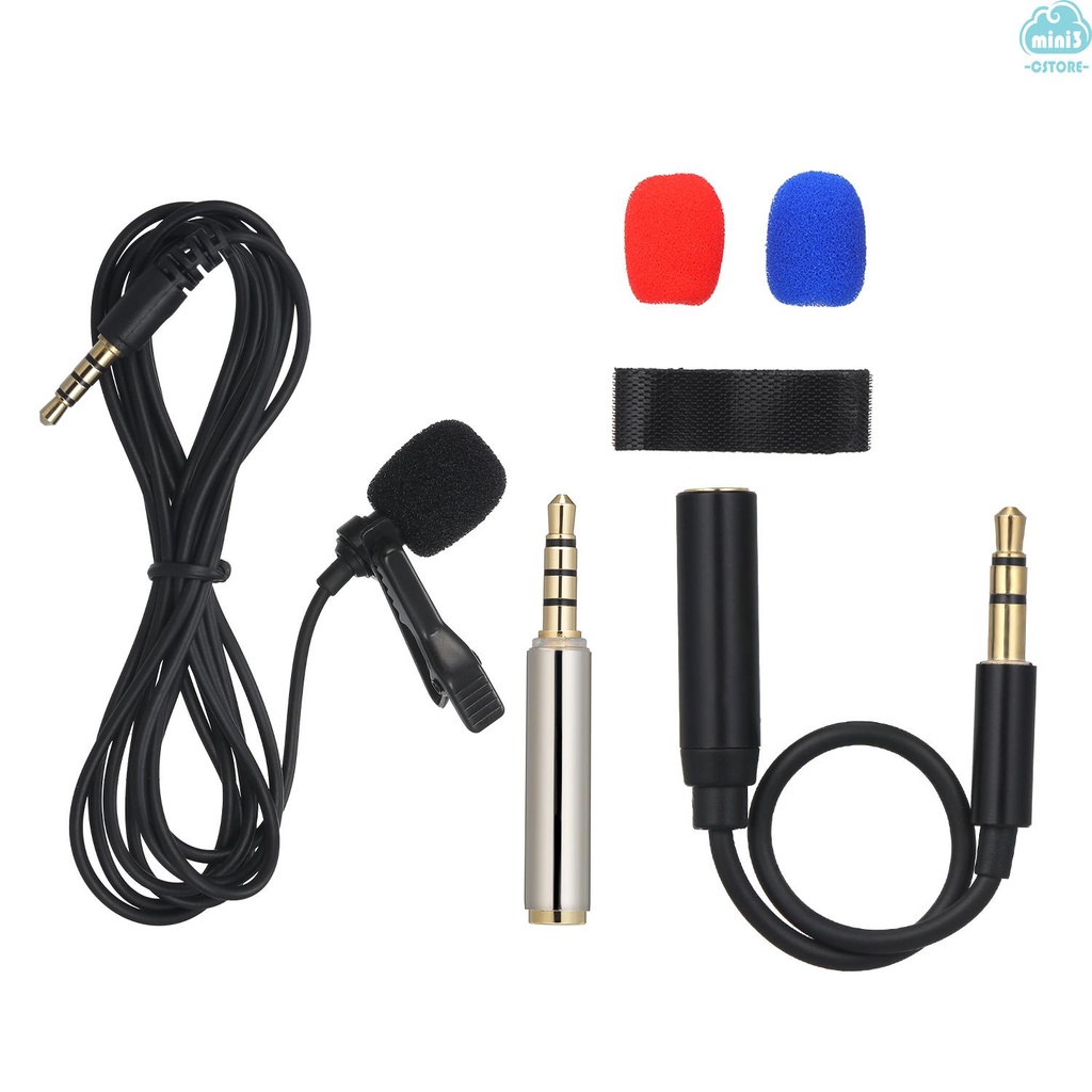 (V06) 3.5mm Mini Collar Microphone 1.5m Wires Clip Lapel Microphone High Sensitivity Mic with Storage Bag Audio Adapter Cable for Smart Phone Laptop PC