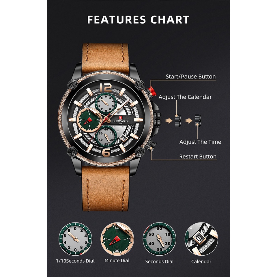 Đồng Hồ Quartz Chống Thấm Nước Với Dây Đeo Da Chronograph