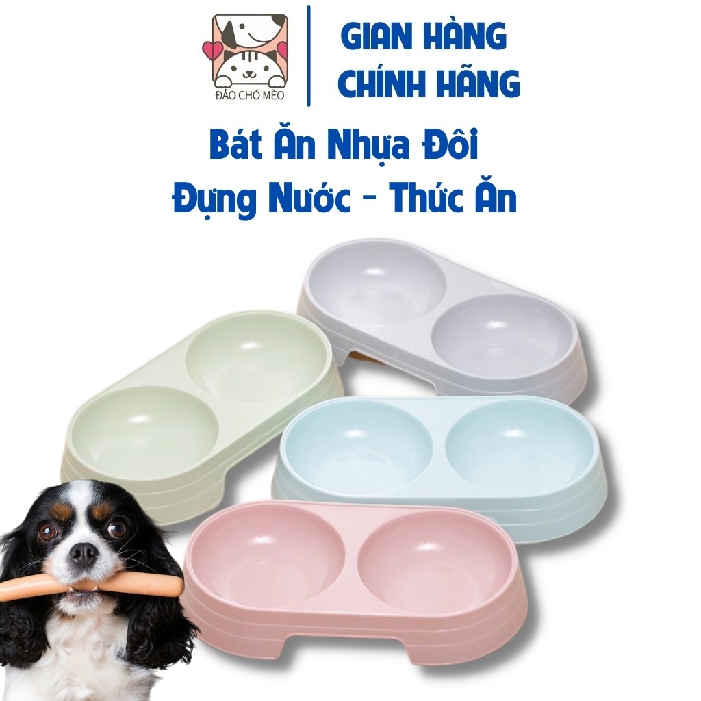 Bát ăn đôi nhựa đựng thức ăn và nước uống cho mèo, đế chống trượt cao cấp - Đảo Chó Mèo