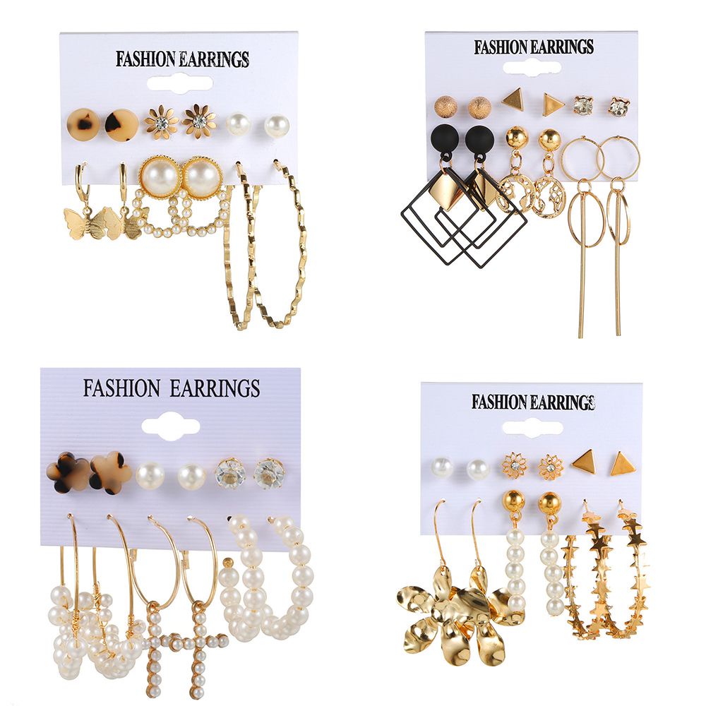 Bông tai hình học bằng kim loại đính đá zircon ngọc trai phong cách Âu Mỹ thời trang mới cho nữ