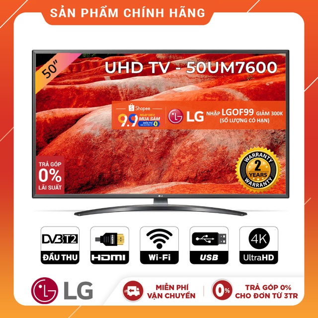 [Nhập LGOF99 Giảm 300K] Smart Tivi LG 50 Inch UHD 4K 50UM7600PTA Model 2019 - Có Magic Remote (Chính Hãng)